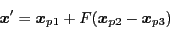 \begin{displaymath}
\mbox{\boldmath$x$}' = \mbox{\boldmath$x$}_{p1} + F (\mbox{\boldmath$x$}_{p2}-\mbox{\boldmath$x$}_{p3})
\end{displaymath}